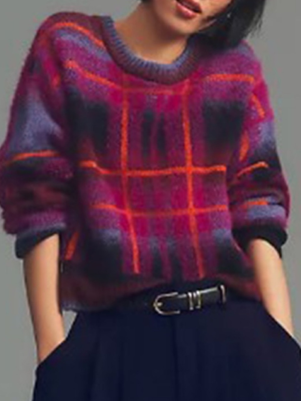Anthropologie Maeve long sleeve eyelash plaid print cozy crop sweater sz xs